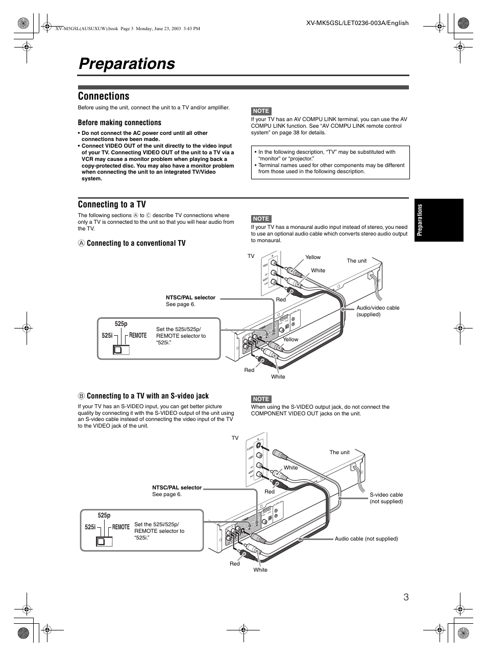 Preparations, Connections, Connecting to a tv | Before making connections, A connecting to a conventional tv, B connecting to a tv with an s-video jack | JVC XV-MK5GSL User Manual | Page 5 / 46