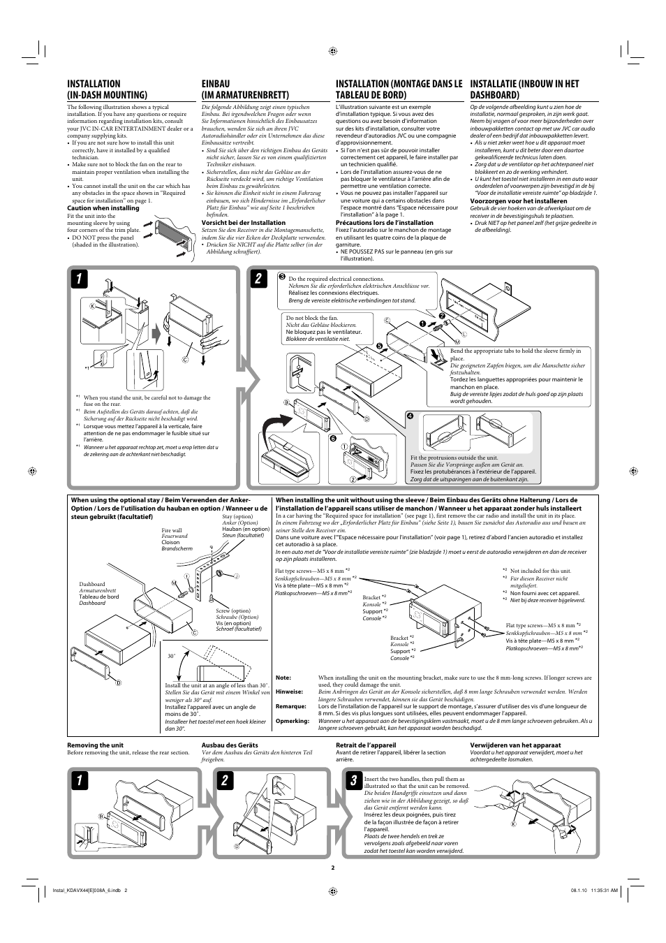 Installation (in-dash mounting), Einbau (im armaturenbrett), Installation (montage dans le tableau de bord) | Installatie (inbouw in het dashboard) | JVC DVD/CD Receiver KD-AVX22 User Manual | Page 2 / 6