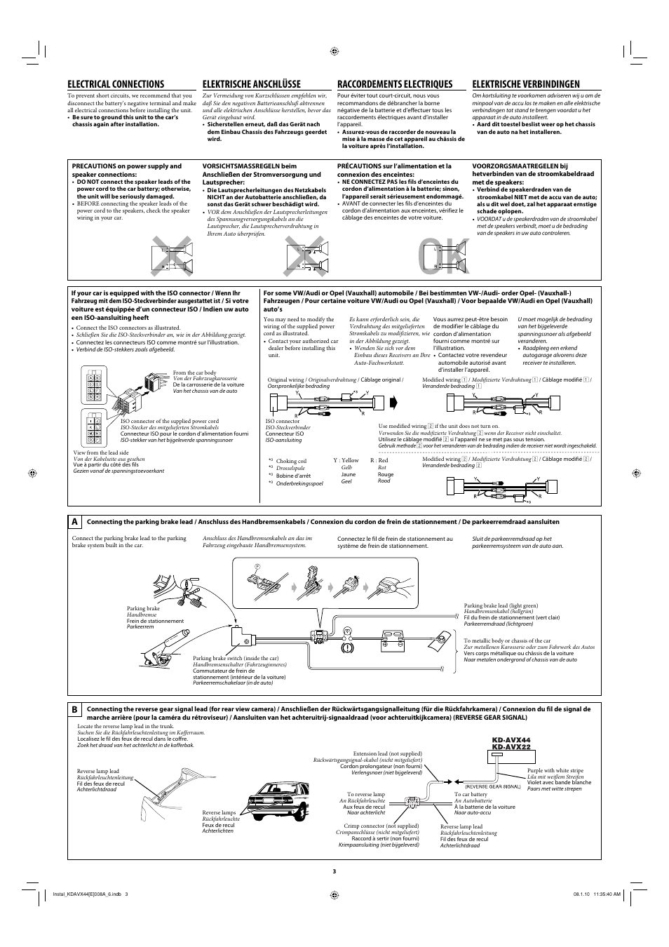 Electrical connections, Elektrische anschlüsse, Raccordements electriques | Elektrische verbindingen | JVC DVD/CD Receiver KD-AVX22 User Manual | Page 3 / 6