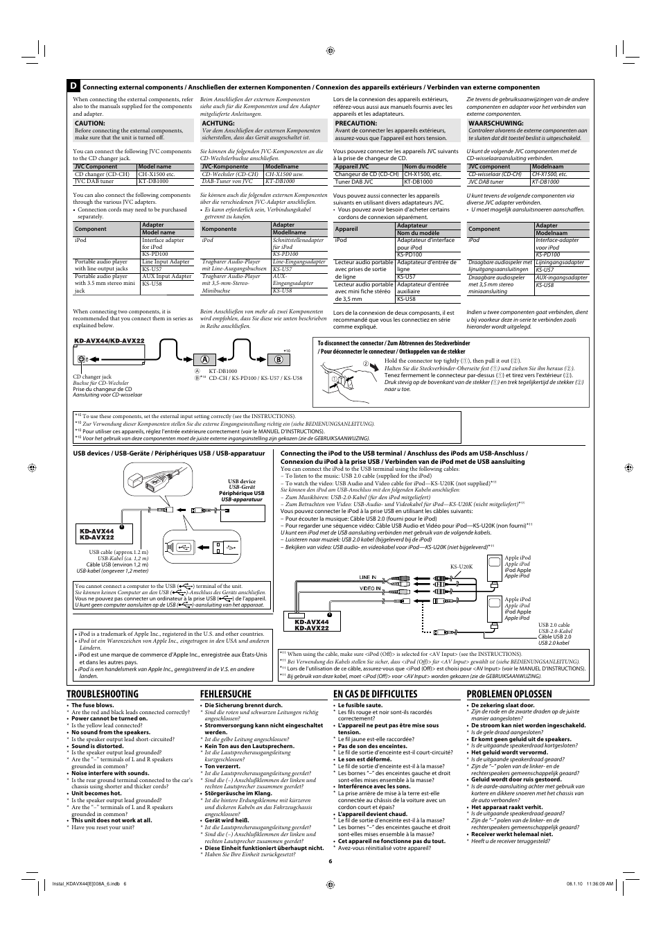 Troubleshooting, Fehlersuche, En cas de difficultes | Problemen oplossen | JVC DVD/CD Receiver KD-AVX22 User Manual | Page 6 / 6