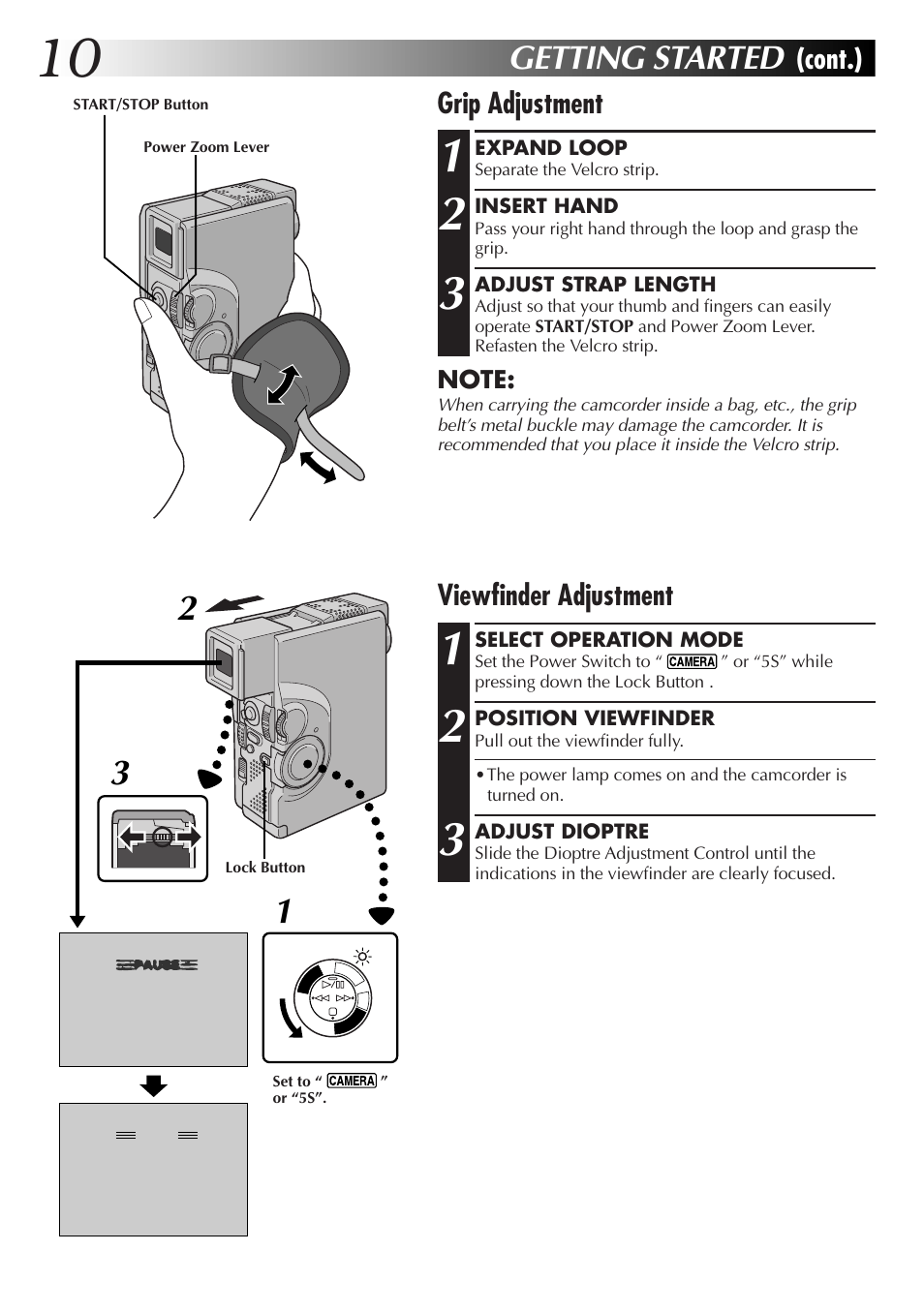 Getting started, Grip adjustment, Viewfinder adjustment | Cont.) | JVC GR-DVX70 User Manual | Page 10 / 112