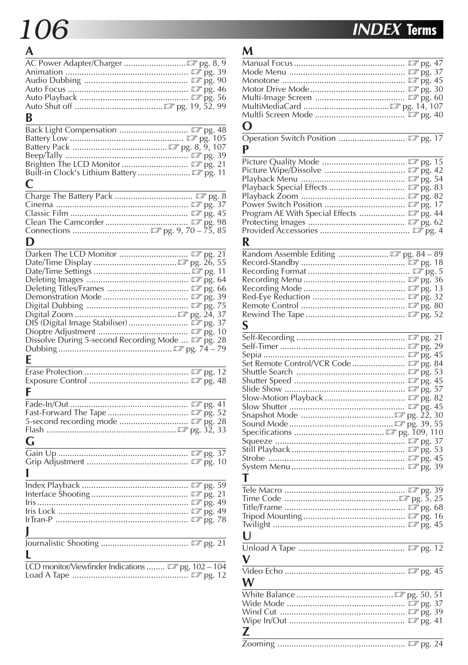 Index, Terms | JVC GR-DVX70 User Manual | Page 106 / 112