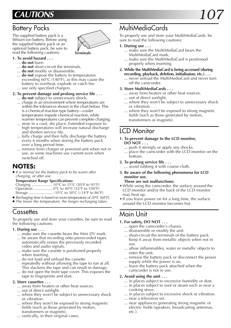 Cautions, Multimediacards, Lcd monitor | Main unit, Battery packs, Cassettes | JVC GR-DVX70 User Manual | Page 107 / 112