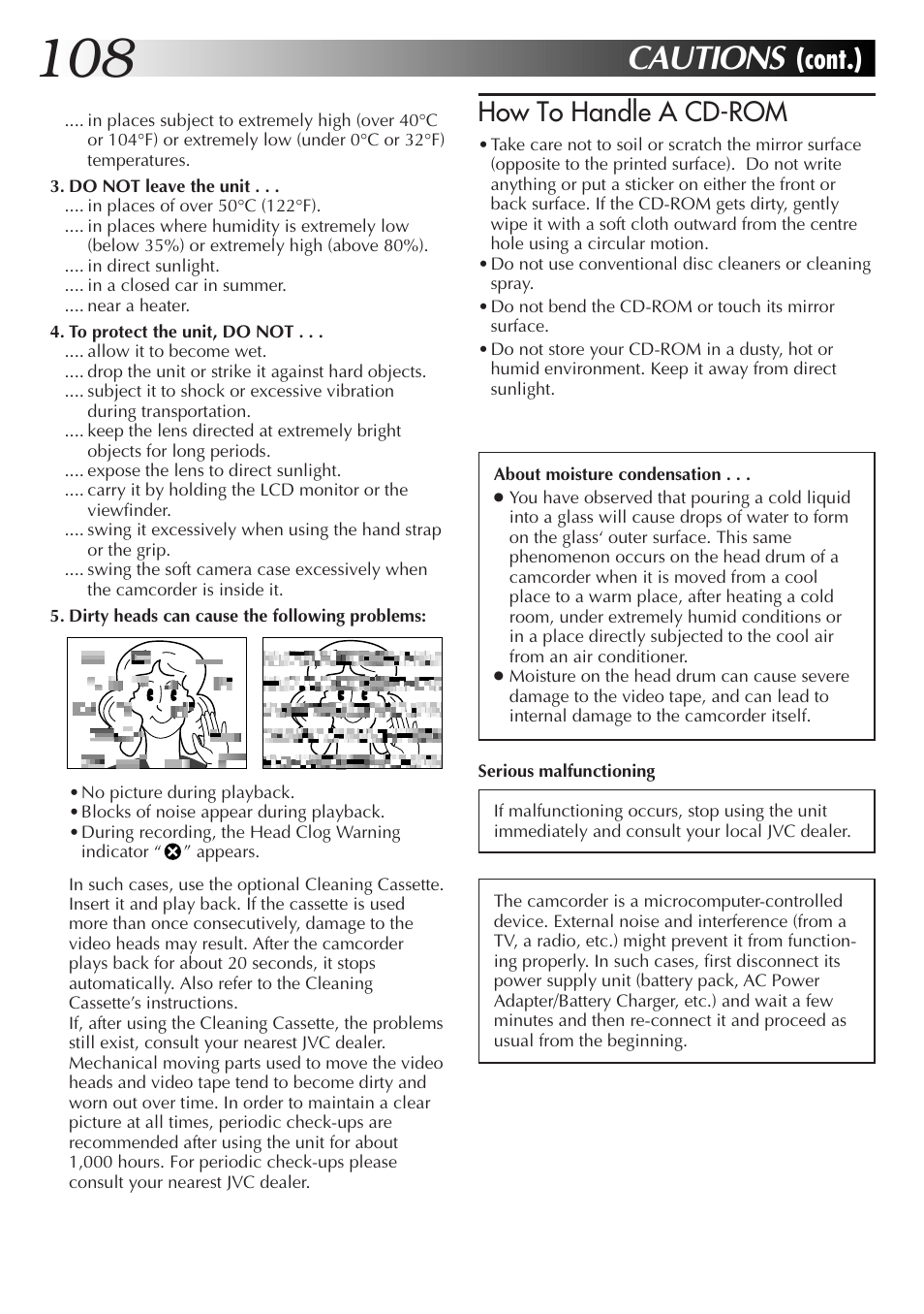 Cautions, Cont.), How to handle a cd-rom | JVC GR-DVX70 User Manual | Page 108 / 112