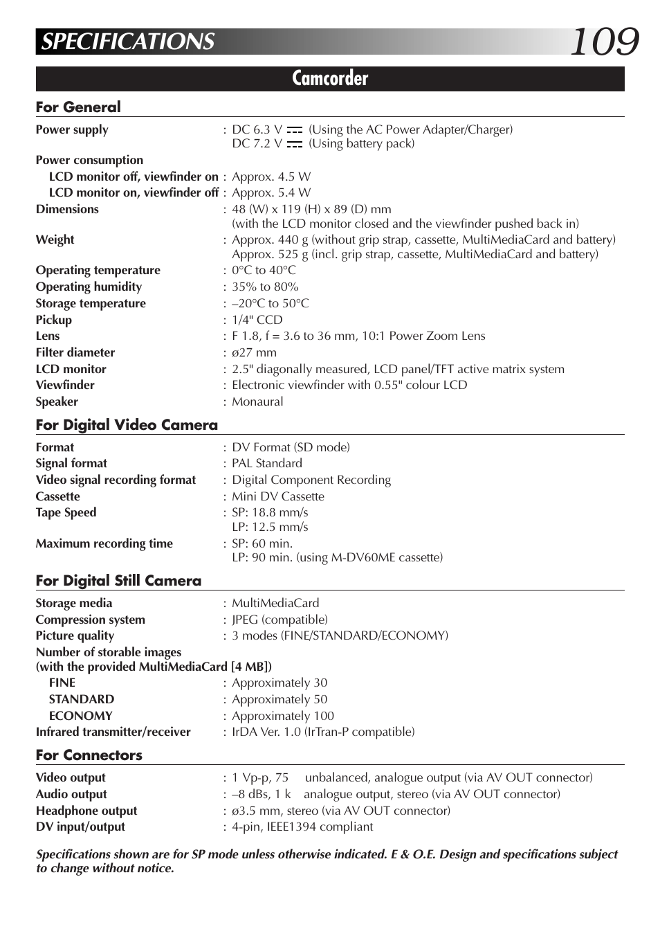 Specifications, Camcorder | JVC GR-DVX70 User Manual | Page 109 / 112