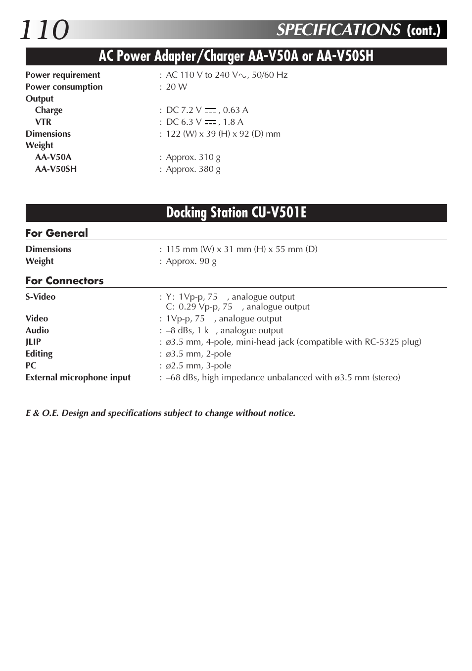 Specifications, Ac power adapter/charger aa-v50a or aa-v50sh, Docking station cu-v501e | Cont.) | JVC GR-DVX70 User Manual | Page 110 / 112