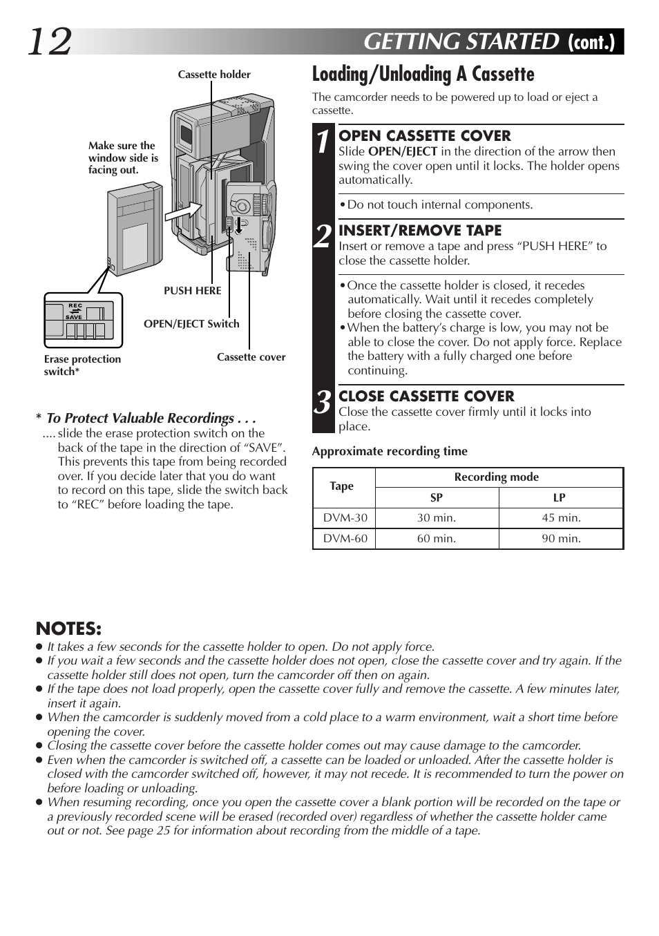 Getting started, Cont.) loading/unloading a cassette | JVC GR-DVX70 User Manual | Page 12 / 112