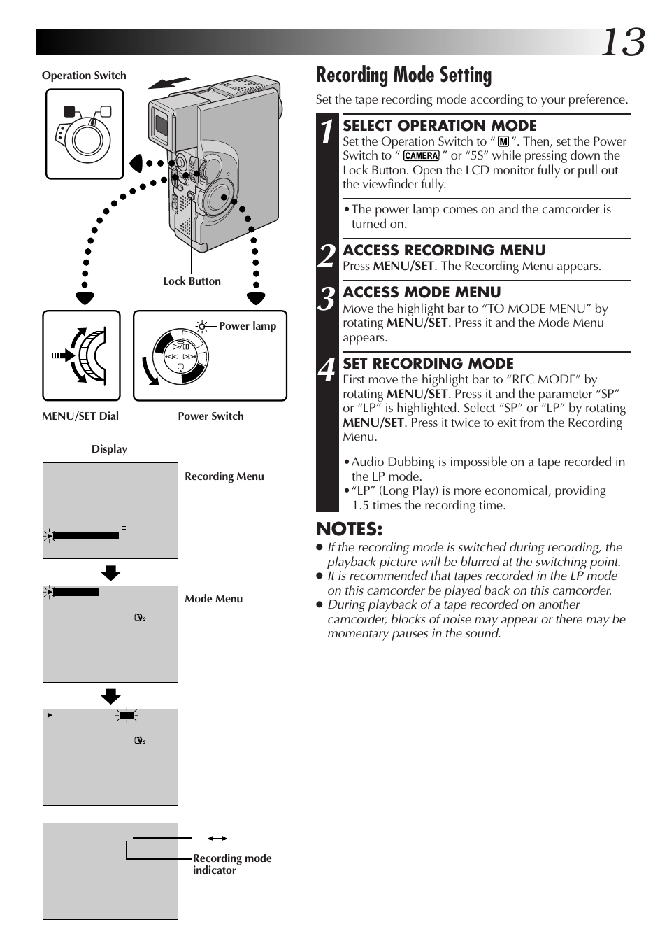 Recording mode setting, Select operation mode, Access recording menu | Access mode menu, Set recording mode | JVC GR-DVX70 User Manual | Page 13 / 112