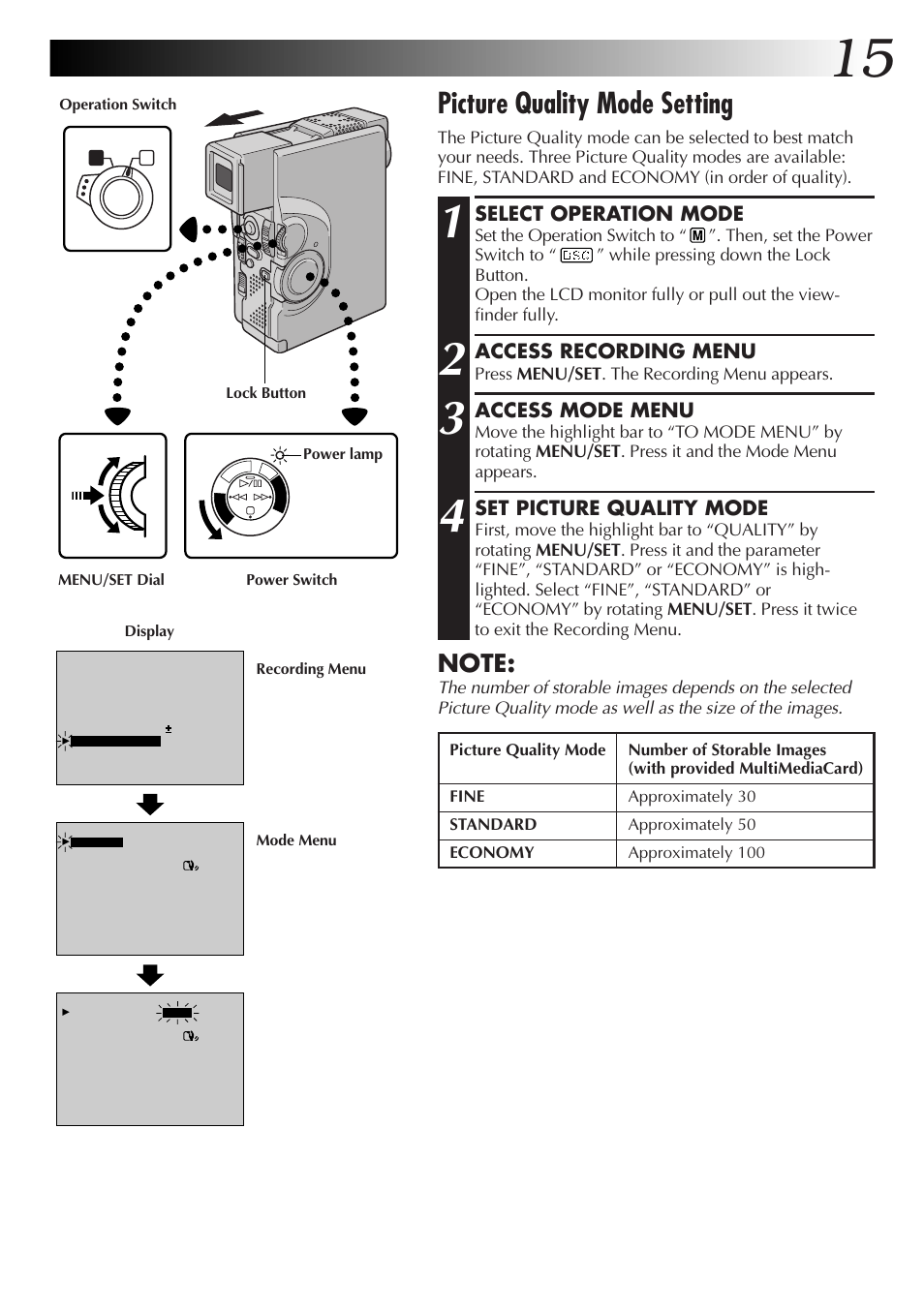 Picture quality mode setting, Select operation mode, Access recording menu | Access mode menu, Set picture quality mode | JVC GR-DVX70 User Manual | Page 15 / 112