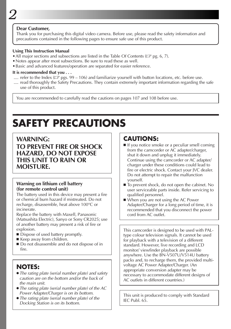 Safety precautions, Cautions | JVC GR-DVX70 User Manual | Page 2 / 112