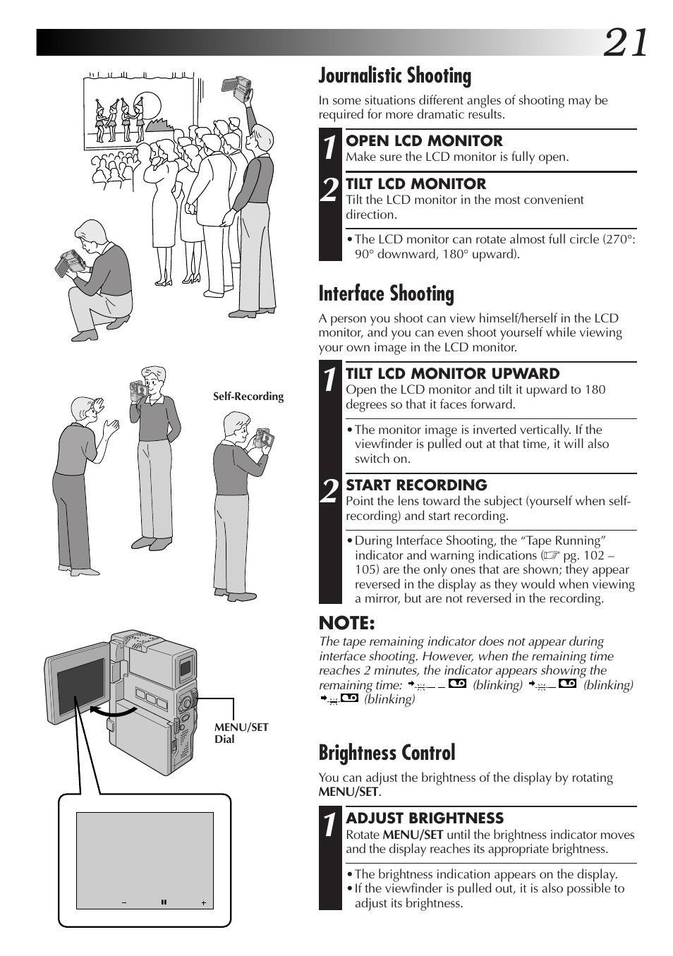 Journalistic shooting, Interface shooting, Brightness control | JVC GR-DVX70 User Manual | Page 21 / 112