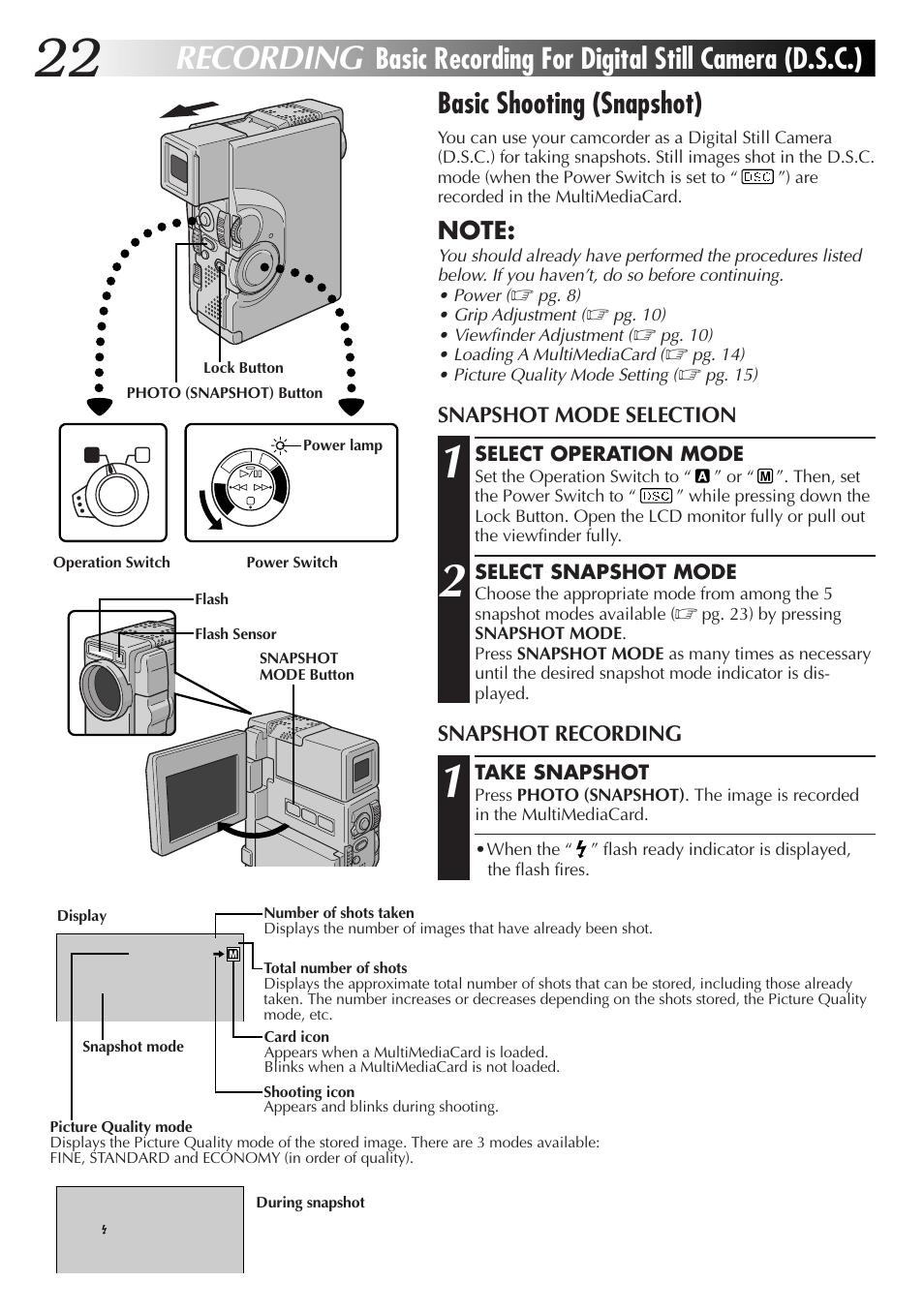 Recording, Snapshot mode selection, Snapshot recording | JVC GR-DVX70 User Manual | Page 22 / 112