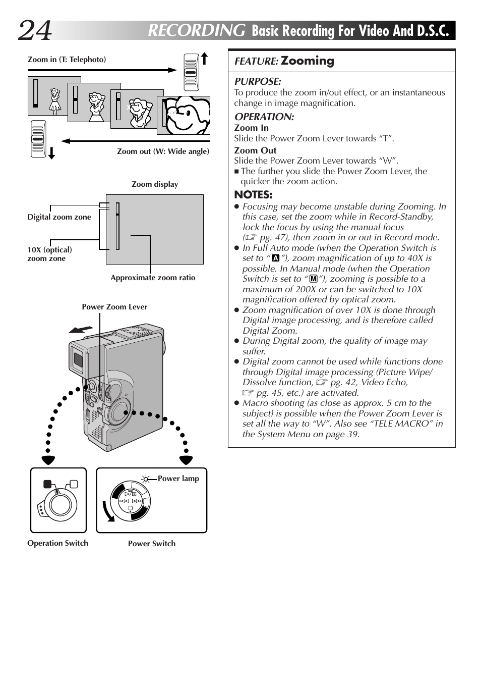 Recording, Basic recording for video and d.s.c, Zooming | Feature, Purpose, Operation | JVC GR-DVX70 User Manual | Page 24 / 112