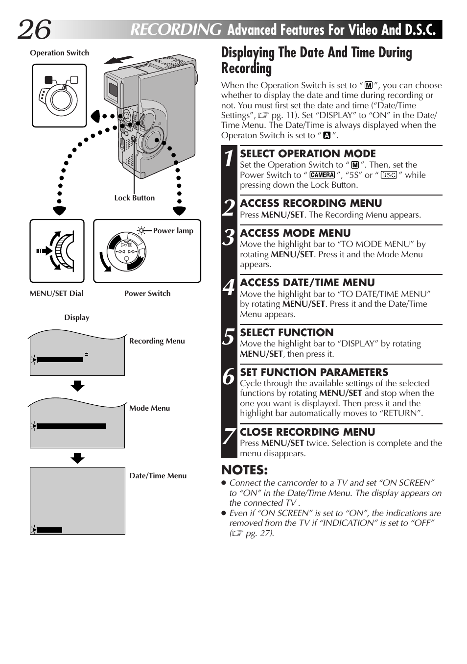 Recording, Advanced features for video and d.s.c | JVC GR-DVX70 User Manual | Page 26 / 112