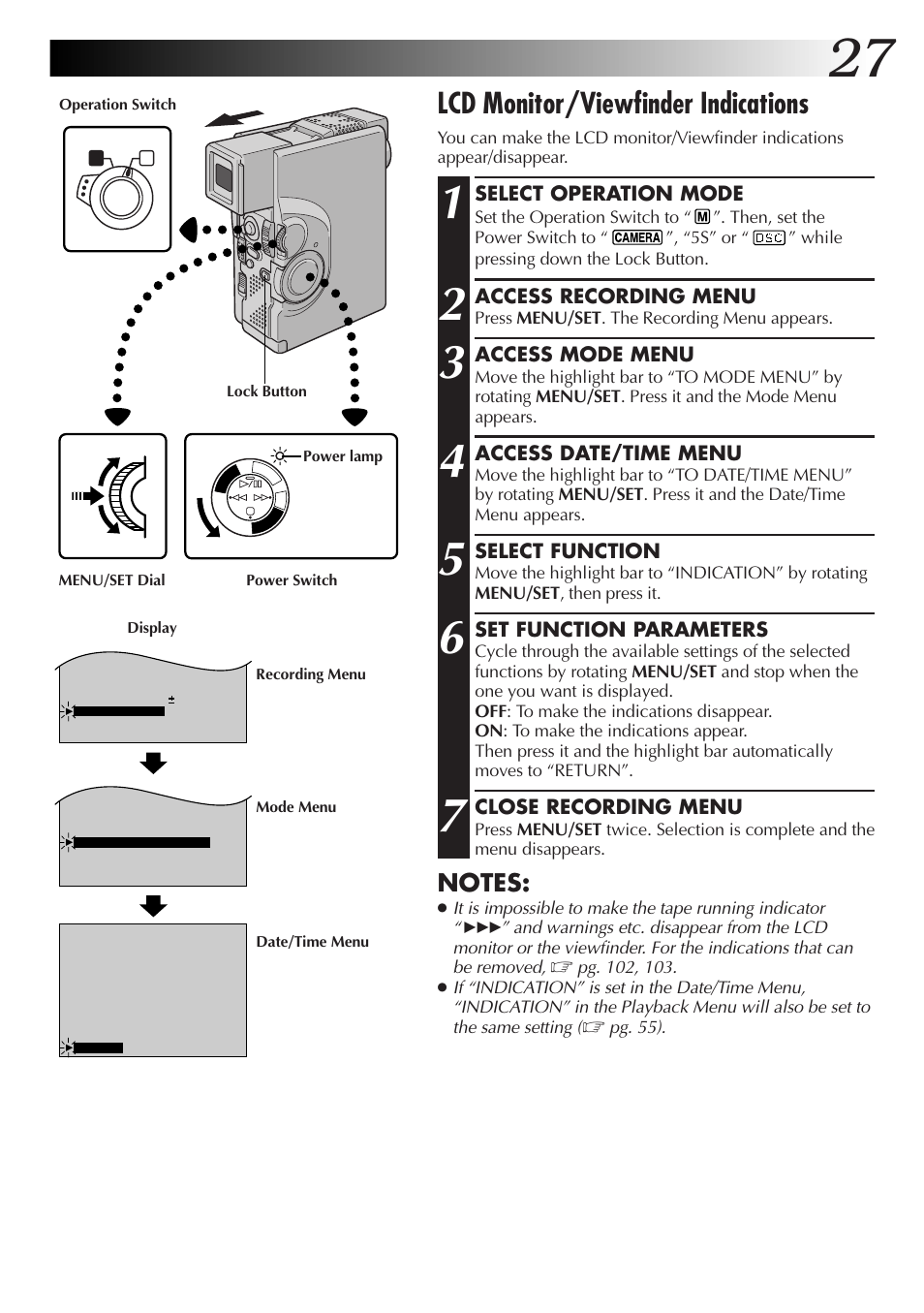 Lcd monitor/viewfinder indications | JVC GR-DVX70 User Manual | Page 27 / 112