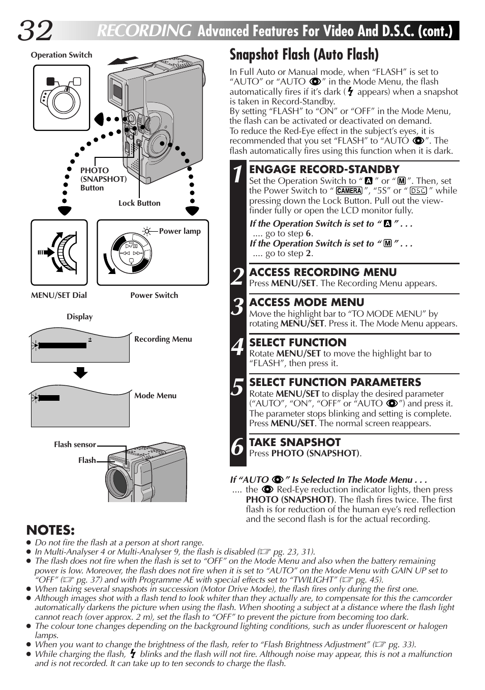 Recording, Snapshot flash (auto flash), Advanced features for video and d.s.c. (cont.) | JVC GR-DVX70 User Manual | Page 32 / 112