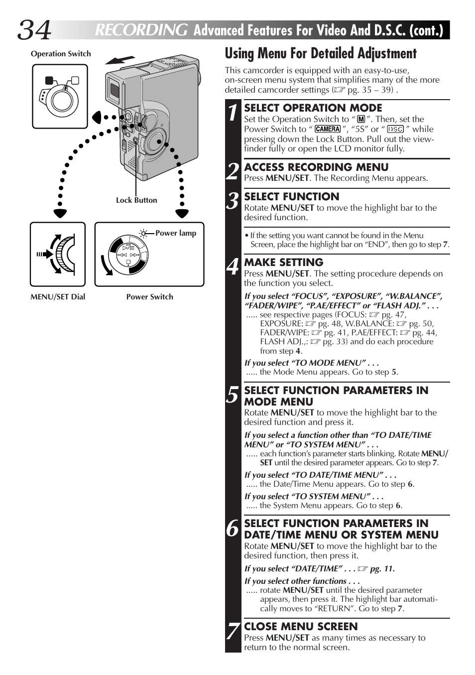 Recording, Using menu for detailed adjustment, Advanced features for video and d.s.c. (cont.) | JVC GR-DVX70 User Manual | Page 34 / 112