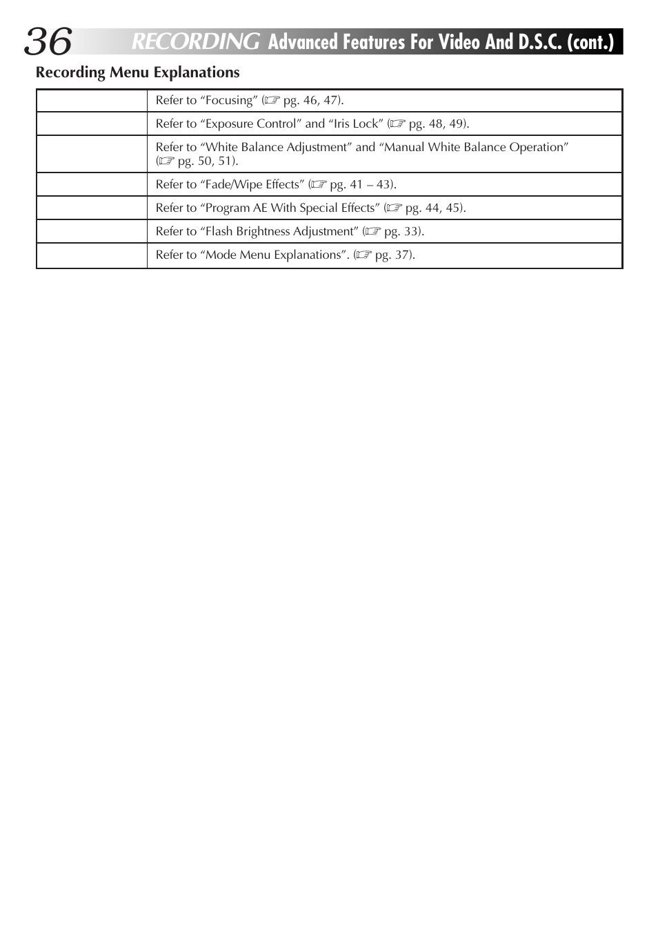 Recording, Advanced features for video and d.s.c. (cont.) | JVC GR-DVX70 User Manual | Page 36 / 112