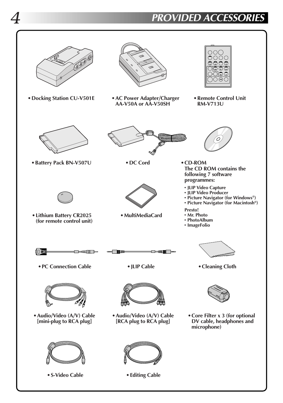 Provided accessories | JVC GR-DVX70 User Manual | Page 4 / 112