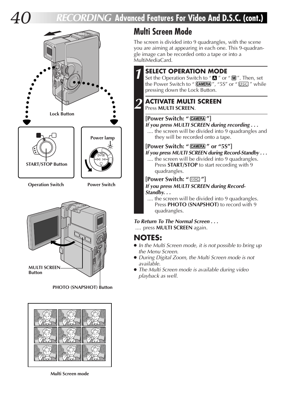 Recording, Multi screen mode, Advanced features for video and d.s.c. (cont.) | JVC GR-DVX70 User Manual | Page 40 / 112