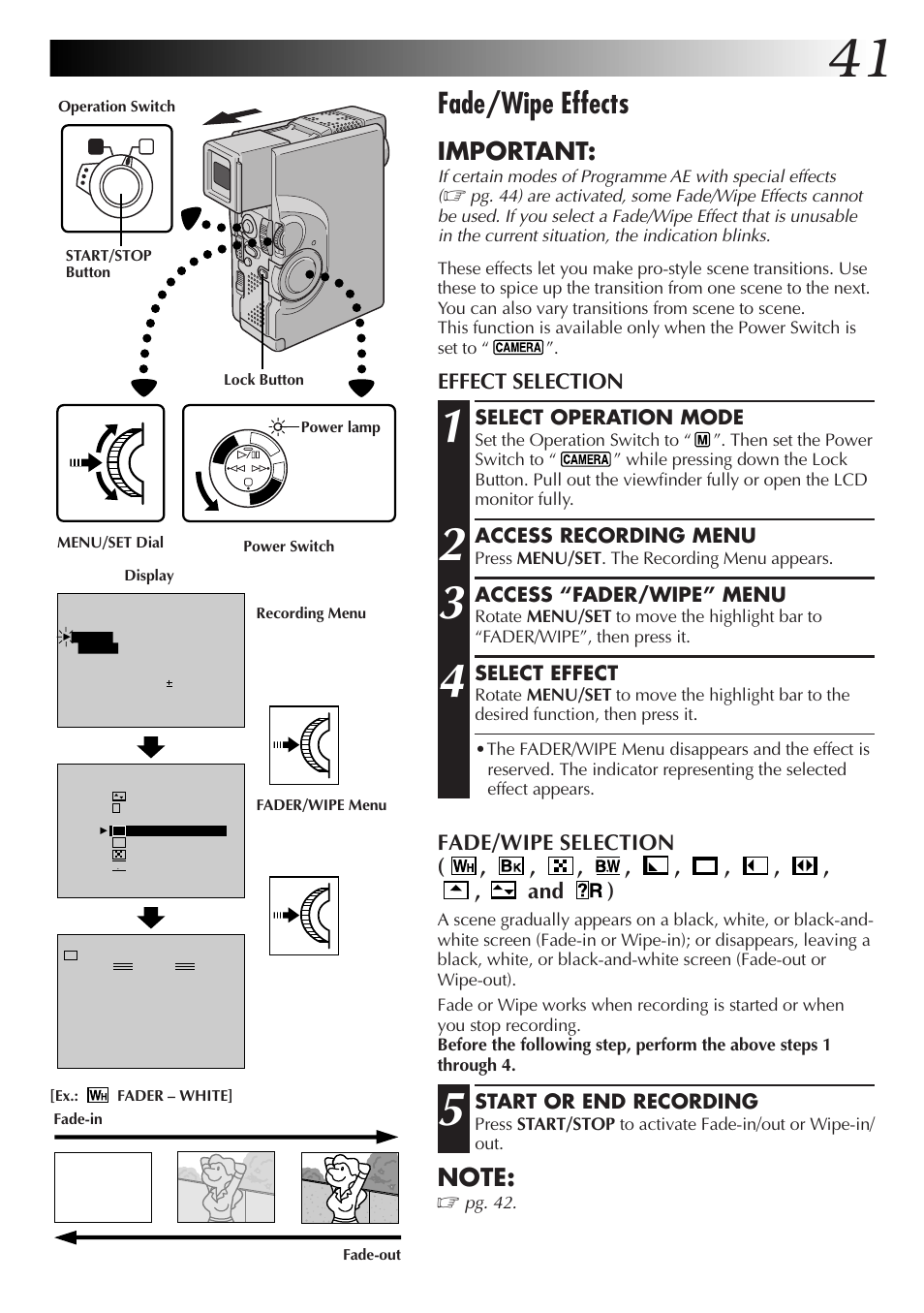 Fade/wipe effects, Important, Effect selection | Fade/wipe selection ( , , , , , , , , , and ) | JVC GR-DVX70 User Manual | Page 41 / 112