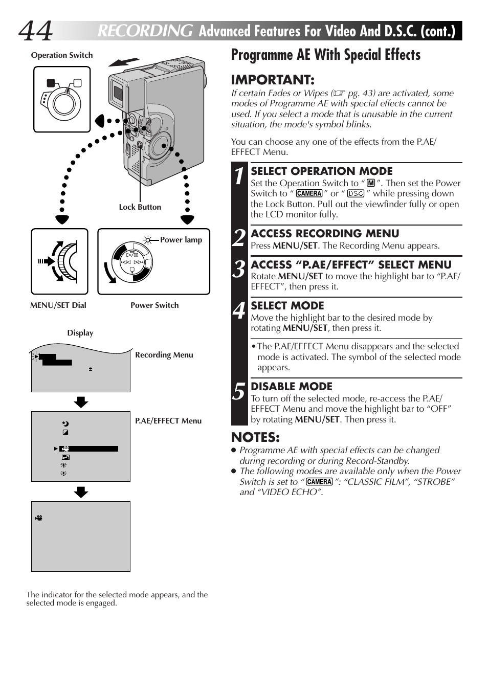 Recording, Programme ae with special effects, Advanced features for video and d.s.c. (cont.) | Important | JVC GR-DVX70 User Manual | Page 44 / 112