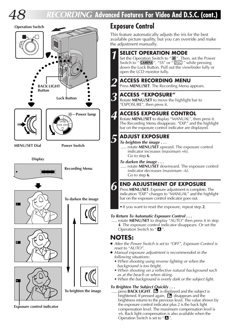 Recording, Exposure control, Advanced features for video and d.s.c. (cont.) | JVC GR-DVX70 User Manual | Page 48 / 112