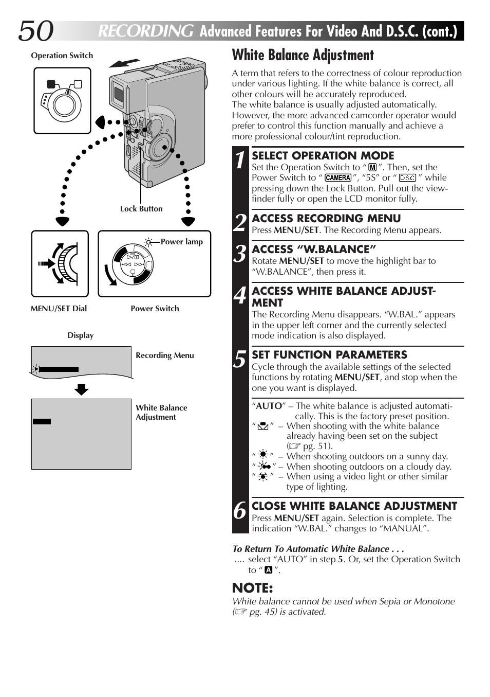 Recording, White balance adjustment, Advanced features for video and d.s.c. (cont.) | JVC GR-DVX70 User Manual | Page 50 / 112