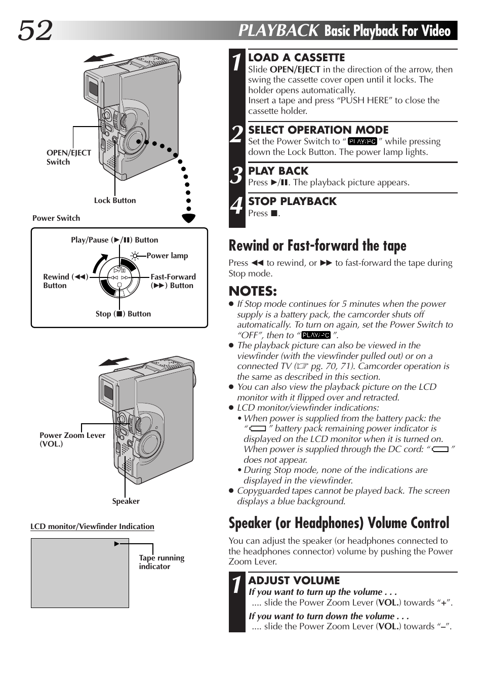 Playback, Basic playback for video, Rewind or fast-forward the tape | Speaker (or headphones) volume control | JVC GR-DVX70 User Manual | Page 52 / 112