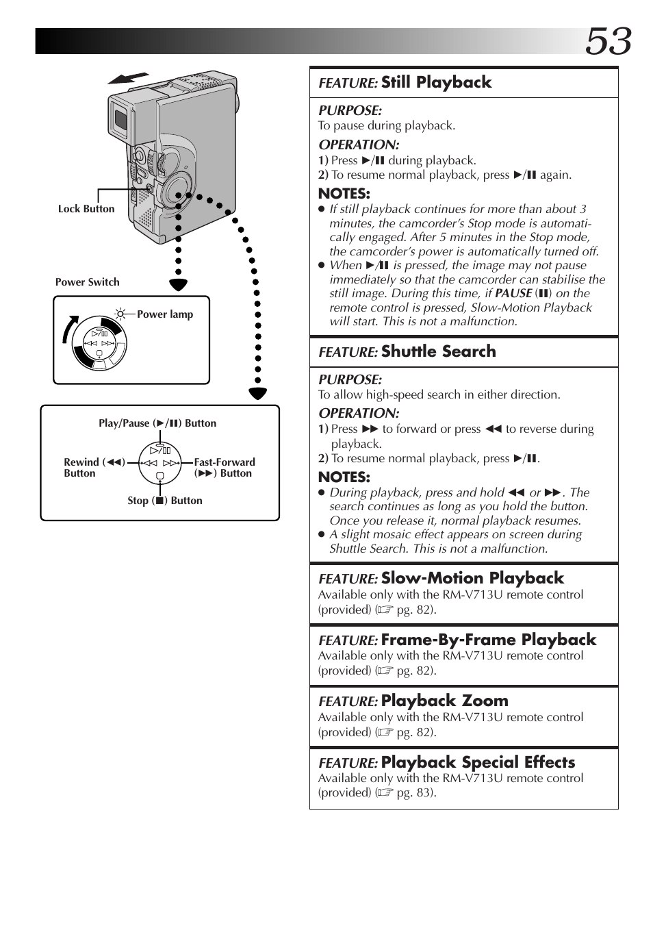 Still playback, Shuttle search, Slow-motion playback | Frame-by-frame playback, Playback zoom, Playback special effects | JVC GR-DVX70 User Manual | Page 53 / 112