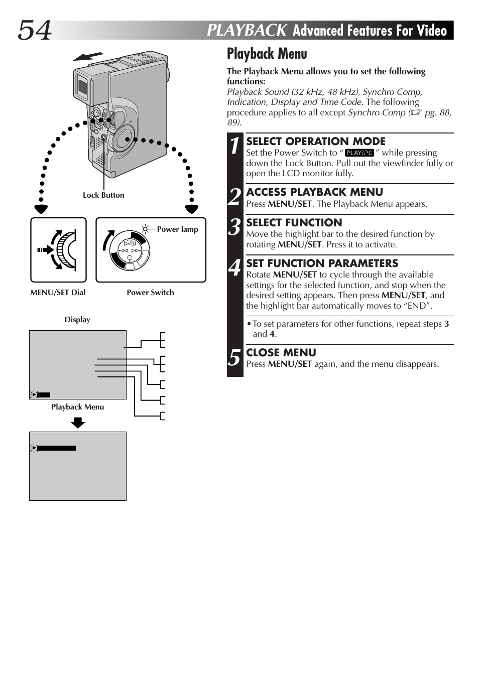 Playback, Playback menu, Advanced features for video | JVC GR-DVX70 User Manual | Page 54 / 112