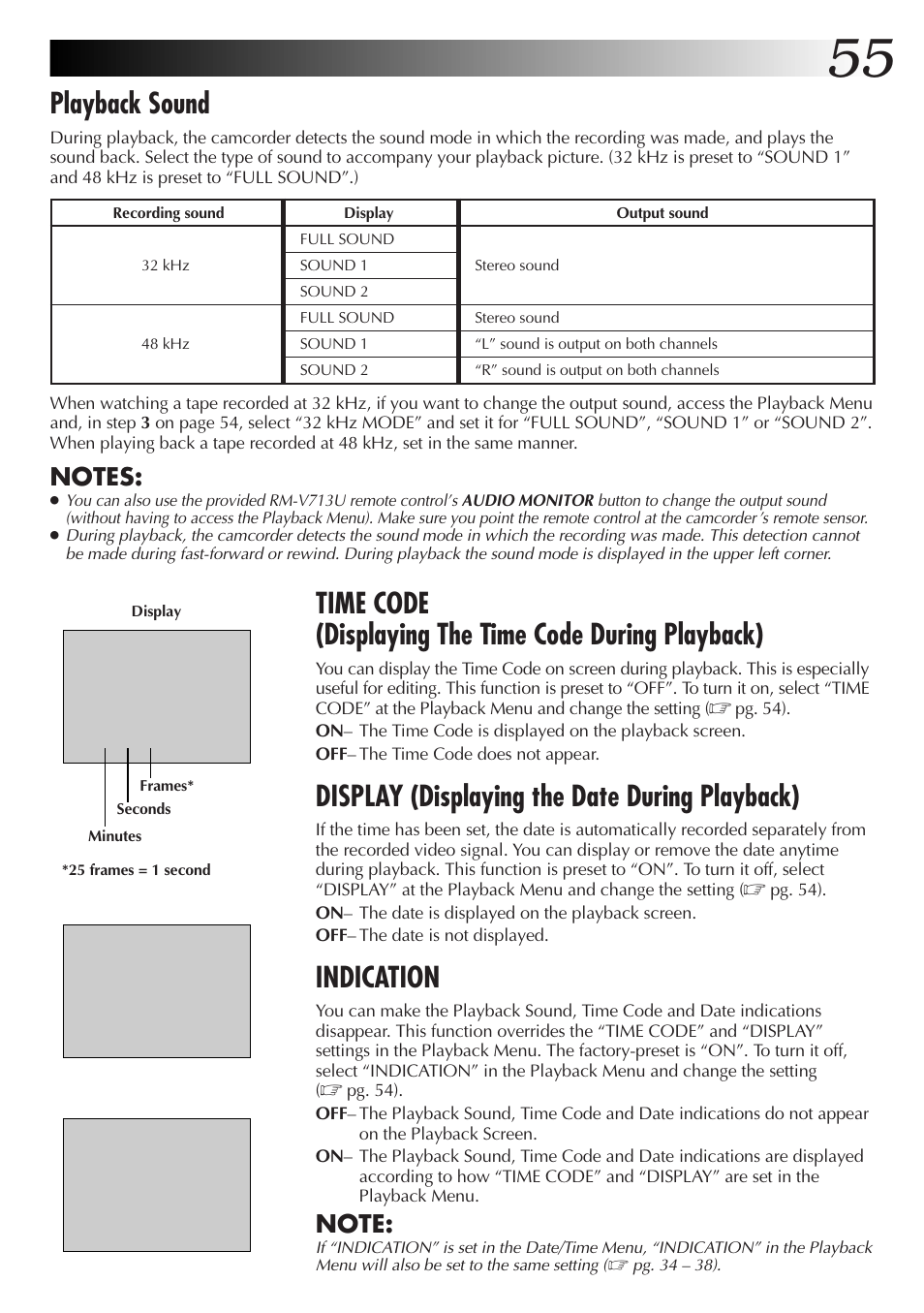 Playback sound, Display (displaying the date during playback), Indication | JVC GR-DVX70 User Manual | Page 55 / 112