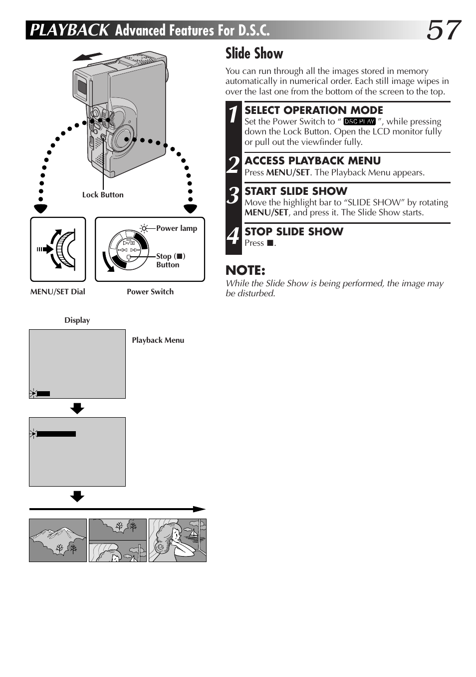 Playback, Slide show, Advanced features for d.s.c | JVC GR-DVX70 User Manual | Page 57 / 112