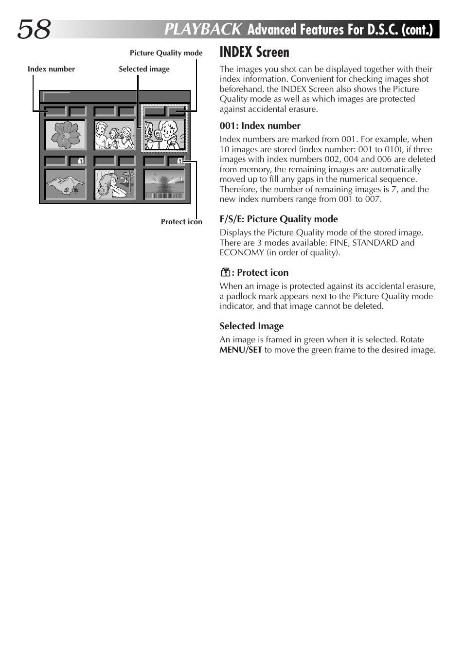 Playback, Advanced features for d.s.c. (cont.) index screen | JVC GR-DVX70 User Manual | Page 58 / 112