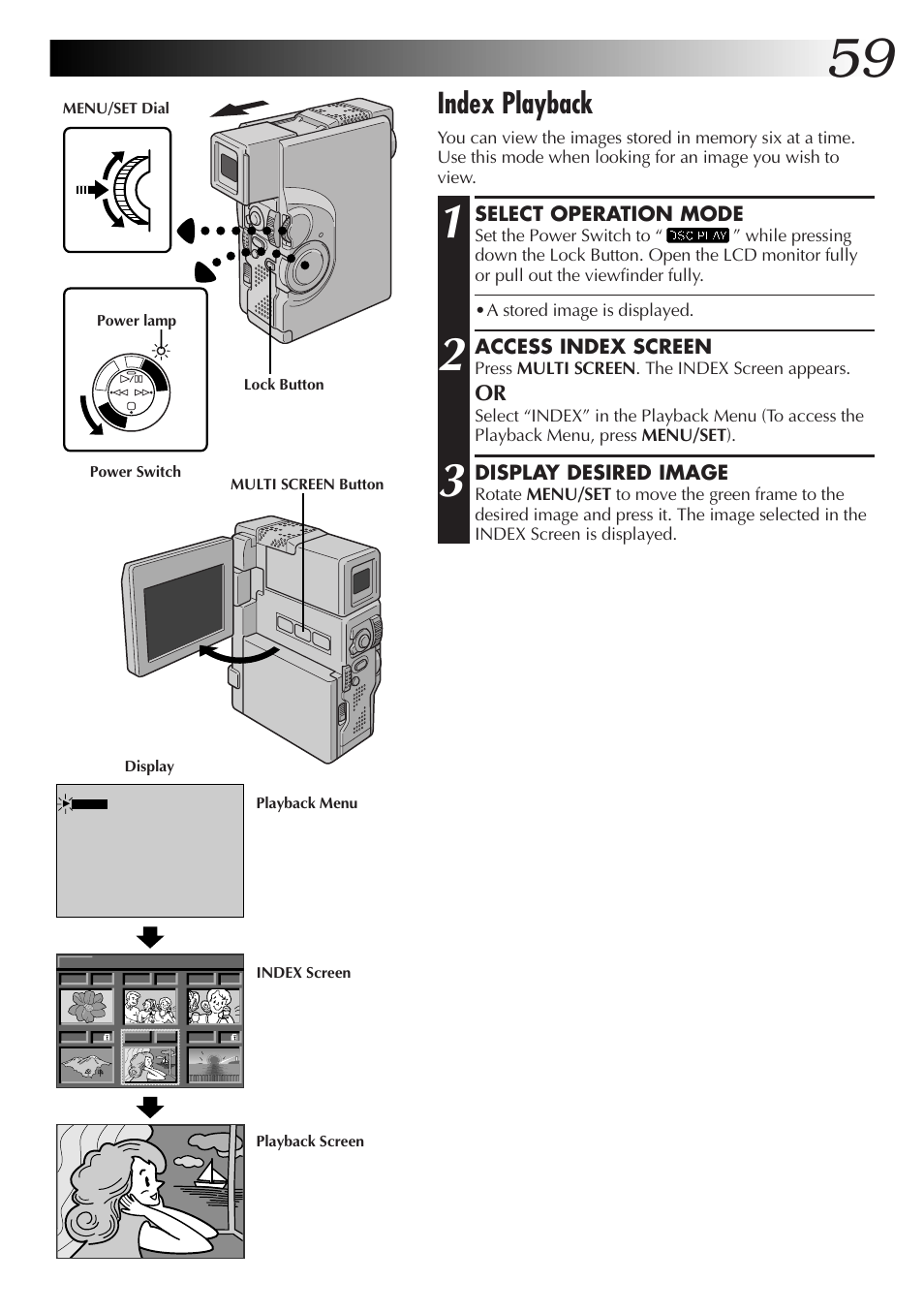 Index playback, Select operation mode, Access index screen | Display desired image | JVC GR-DVX70 User Manual | Page 59 / 112