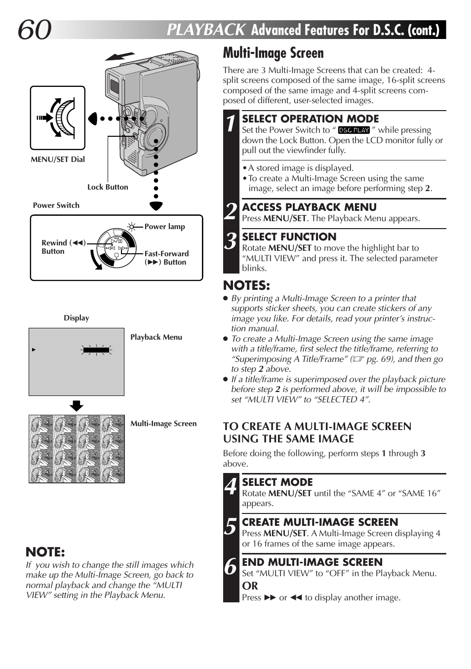 Playback, Multi-image screen, Advanced features for d.s.c. (cont.) | JVC GR-DVX70 User Manual | Page 60 / 112