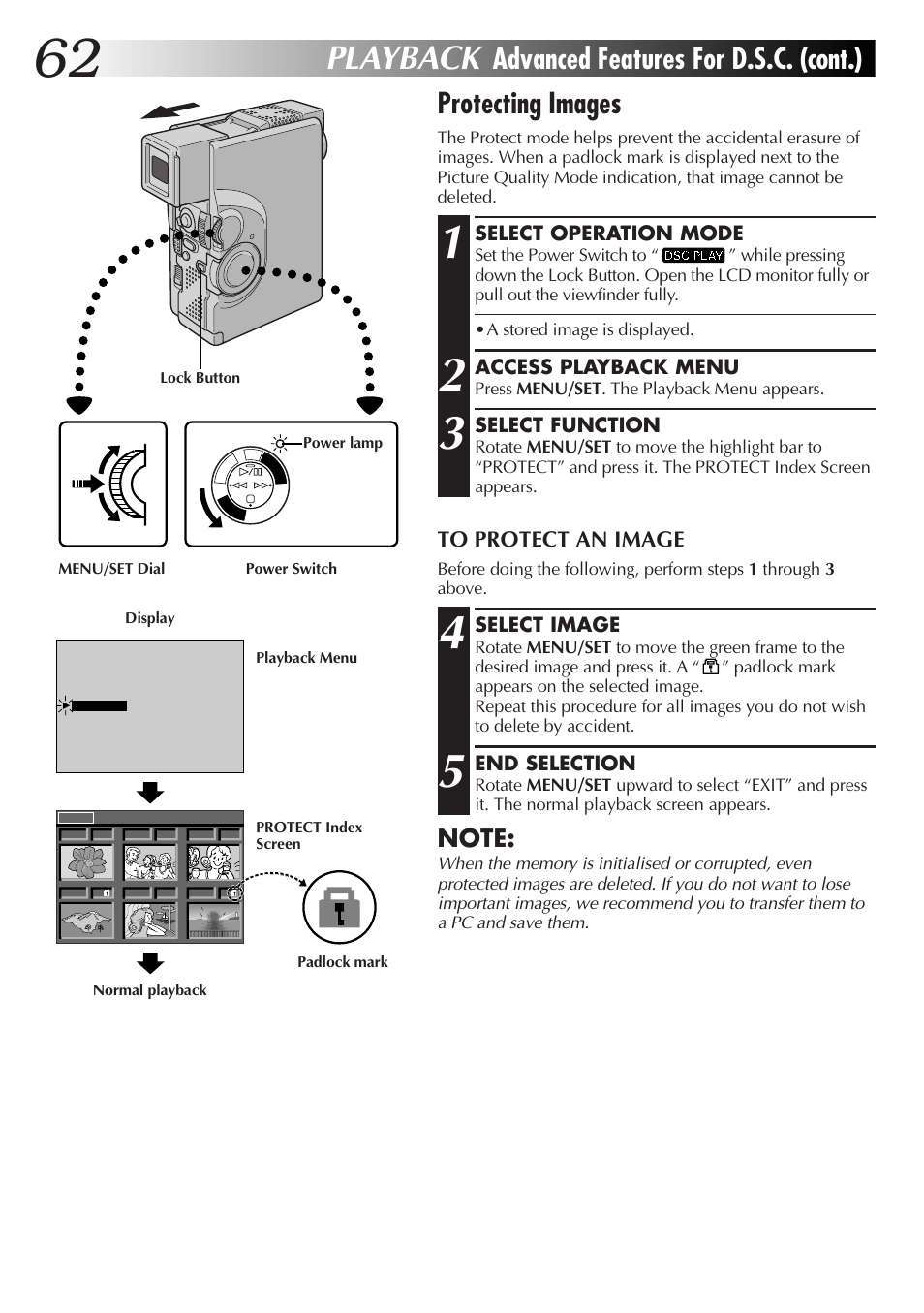 Playback, Advanced features for d.s.c. (cont.), Protecting images | JVC GR-DVX70 User Manual | Page 62 / 112