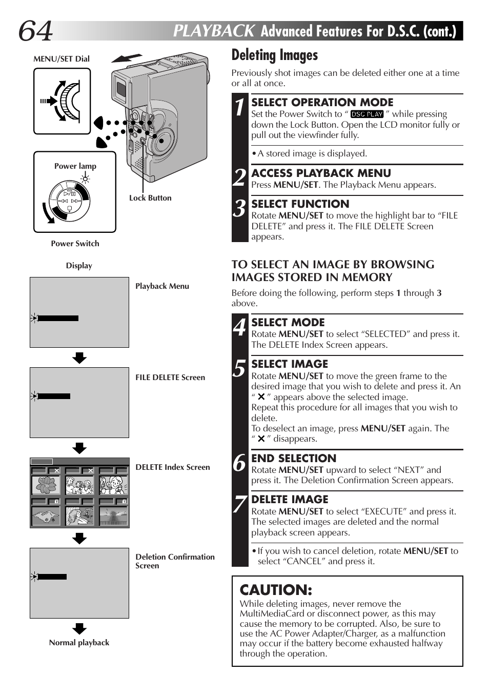 Playback, Deleting images, Advanced features for d.s.c. (cont.) | Caution | JVC GR-DVX70 User Manual | Page 64 / 112