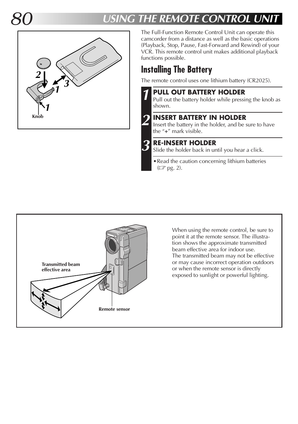 Using the remote control unit, Installing the battery | JVC GR-DVX70 User Manual | Page 80 / 112