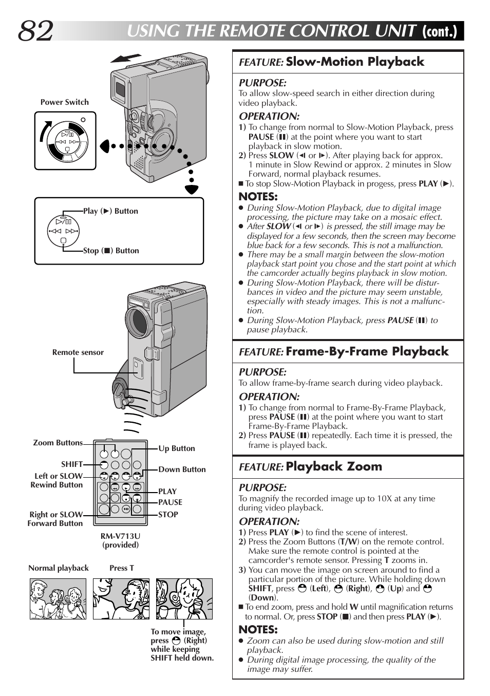 Using the remote control unit, Cont.), Slow-motion playback | Frame-by-frame playback, Playback zoom | JVC GR-DVX70 User Manual | Page 82 / 112