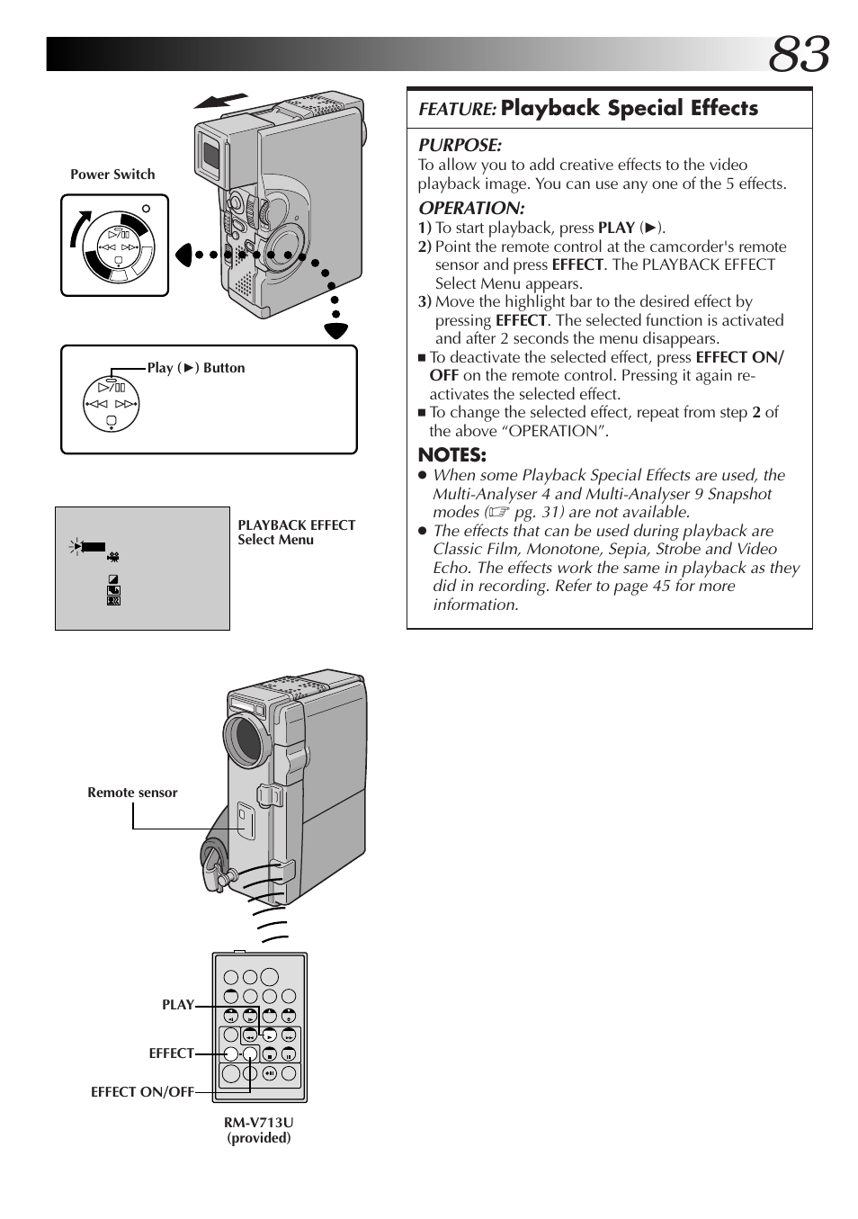 Playback special effects, Feature, Purpose | Operation | JVC GR-DVX70 User Manual | Page 83 / 112