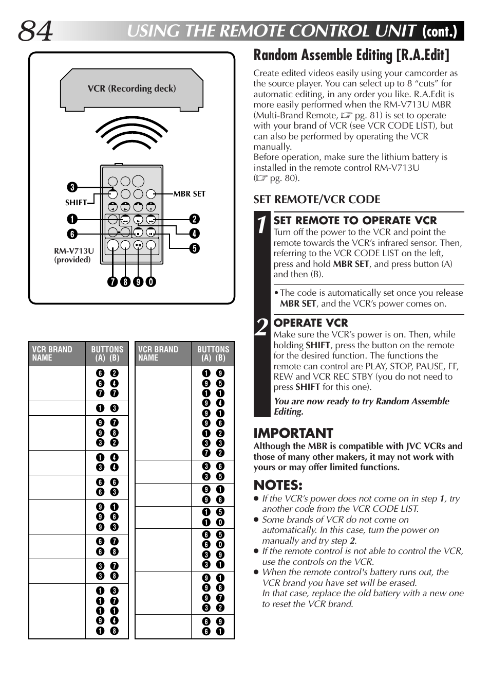 Using the remote control unit, Random assemble editing [r.a.edit, Cont.) | Important | JVC GR-DVX70 User Manual | Page 84 / 112