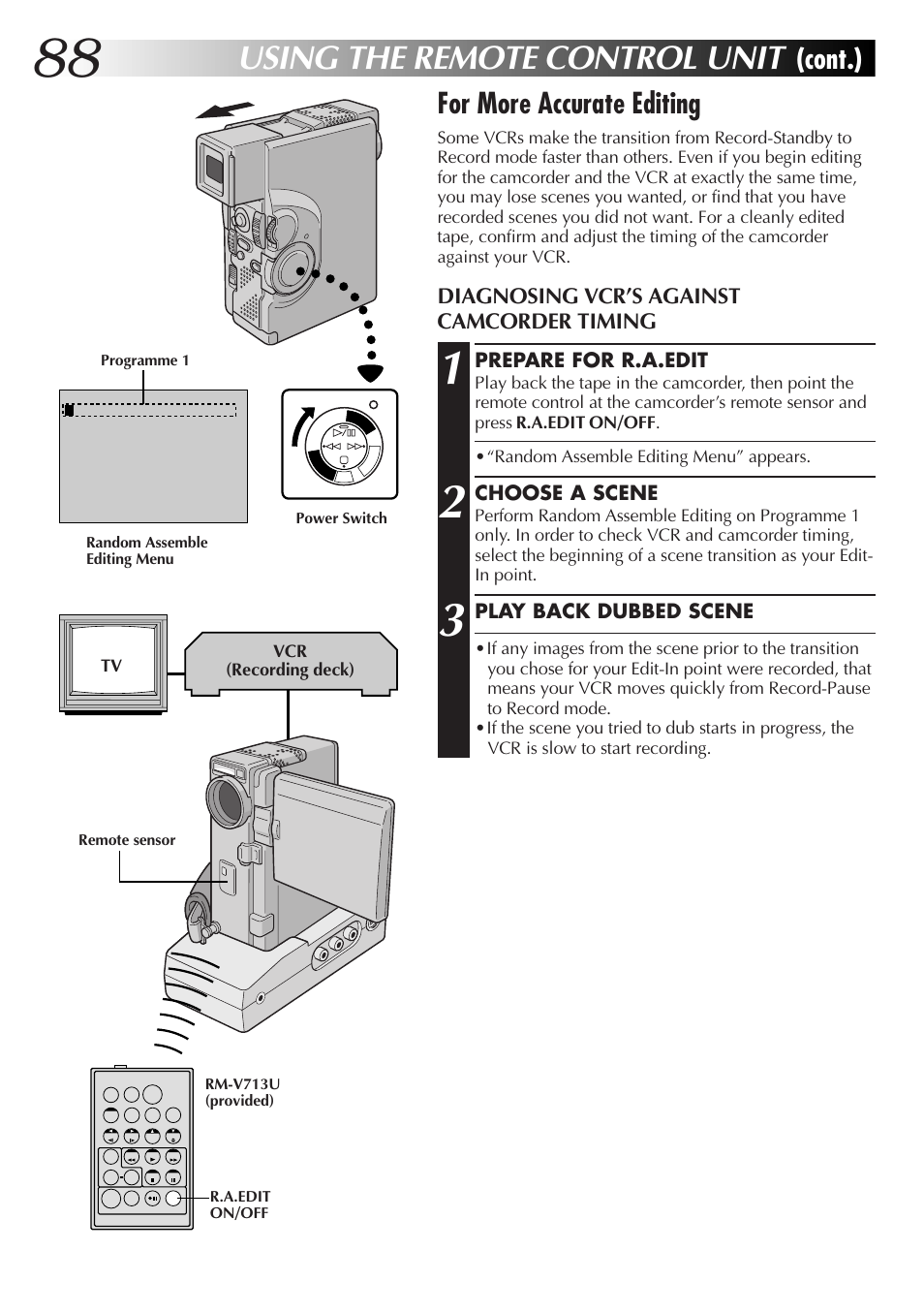 Using the remote control unit, Cont.) for more accurate editing, Diagnosing vcr’s against camcorder timing | Prepare for r.a.edit, Choose a scene, Play back dubbed scene | JVC GR-DVX70 User Manual | Page 88 / 112