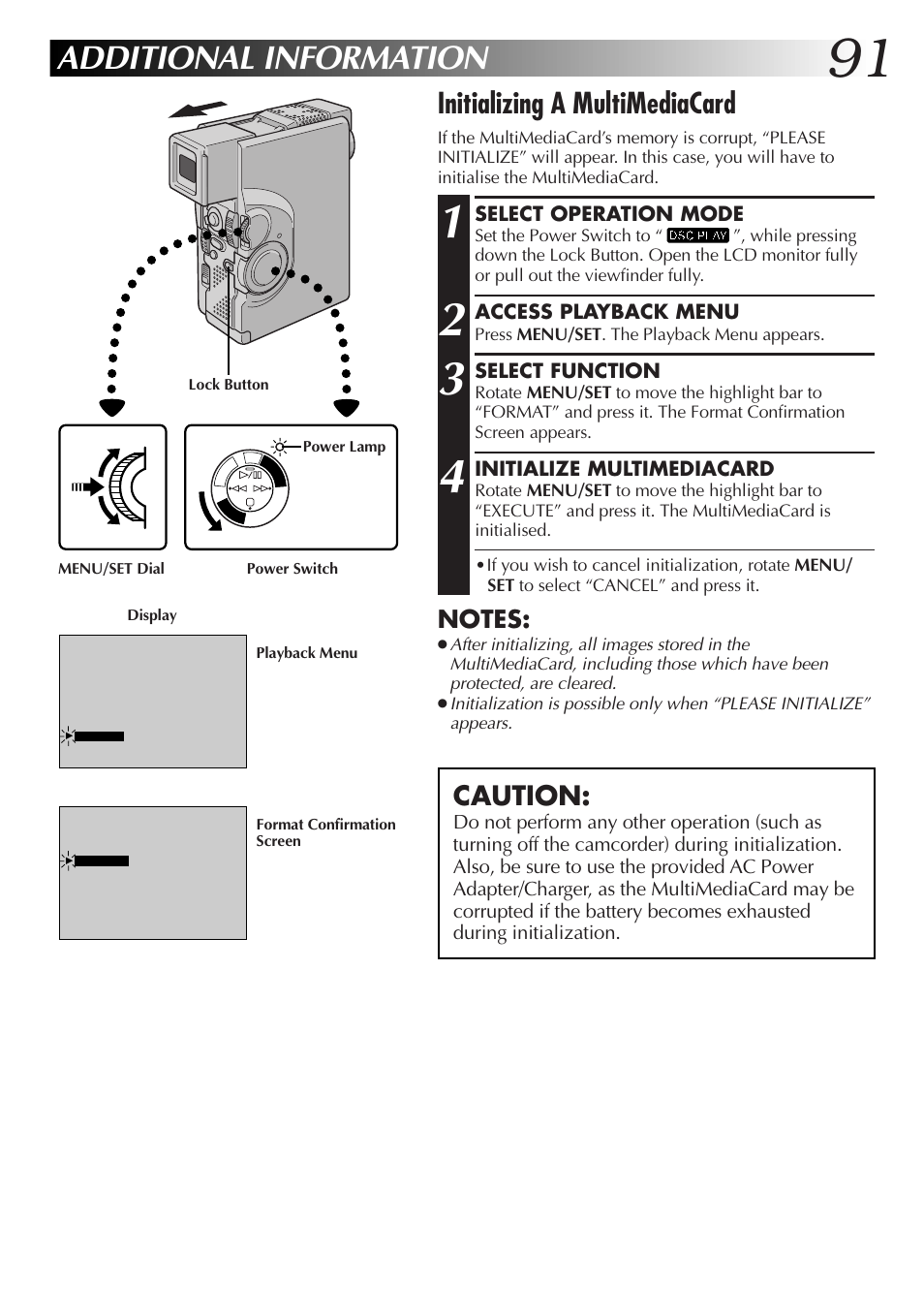 Additional information, Initializing a multimediacard, Caution | JVC GR-DVX70 User Manual | Page 91 / 112