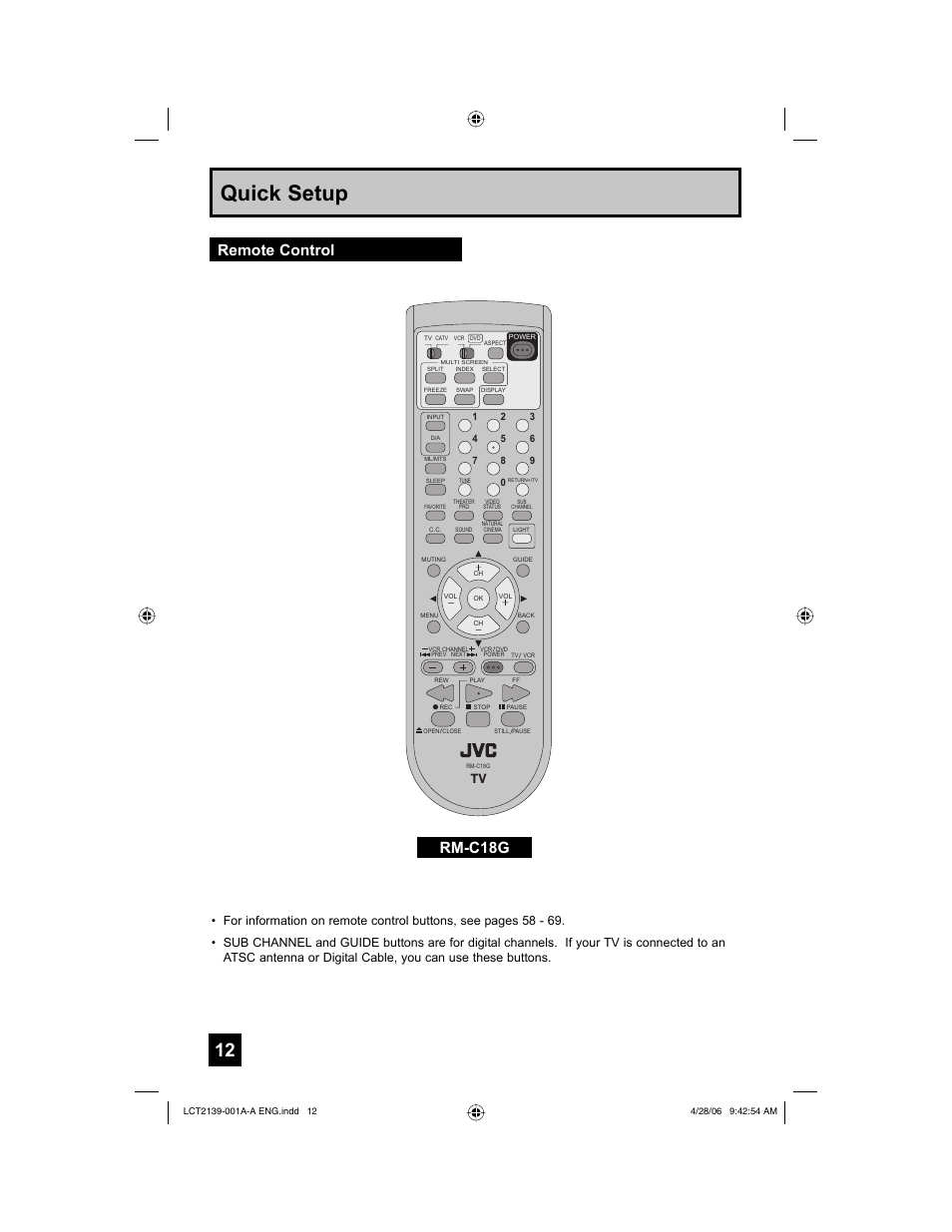 Remote control, Quick setup, Rm-c18g | JVC HD-56GC87 User Manual | Page 12 / 80