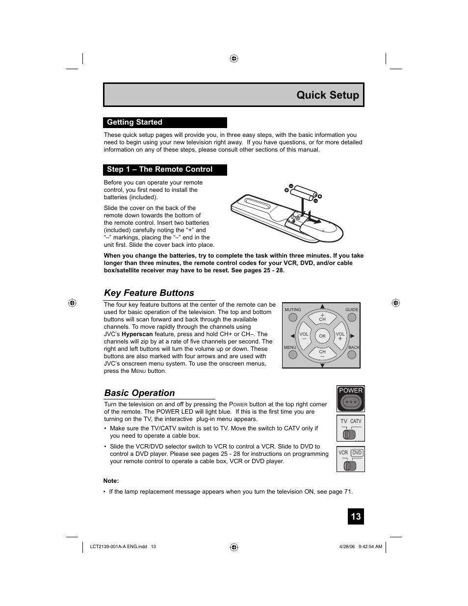 Getting started, Step 1 – the remote control, Quick setup | Key feature buttons, Basic operation, Getting started step 1 – the remote control | JVC HD-56GC87 User Manual | Page 13 / 80