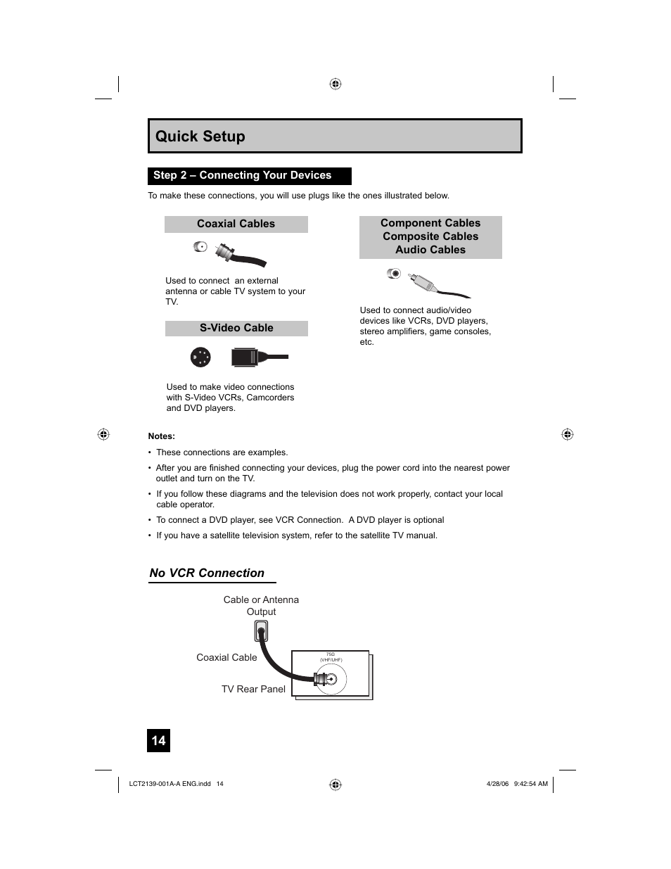 Step 2 – connecting your devices, Quick setup, No vcr connection | JVC HD-56GC87 User Manual | Page 14 / 80