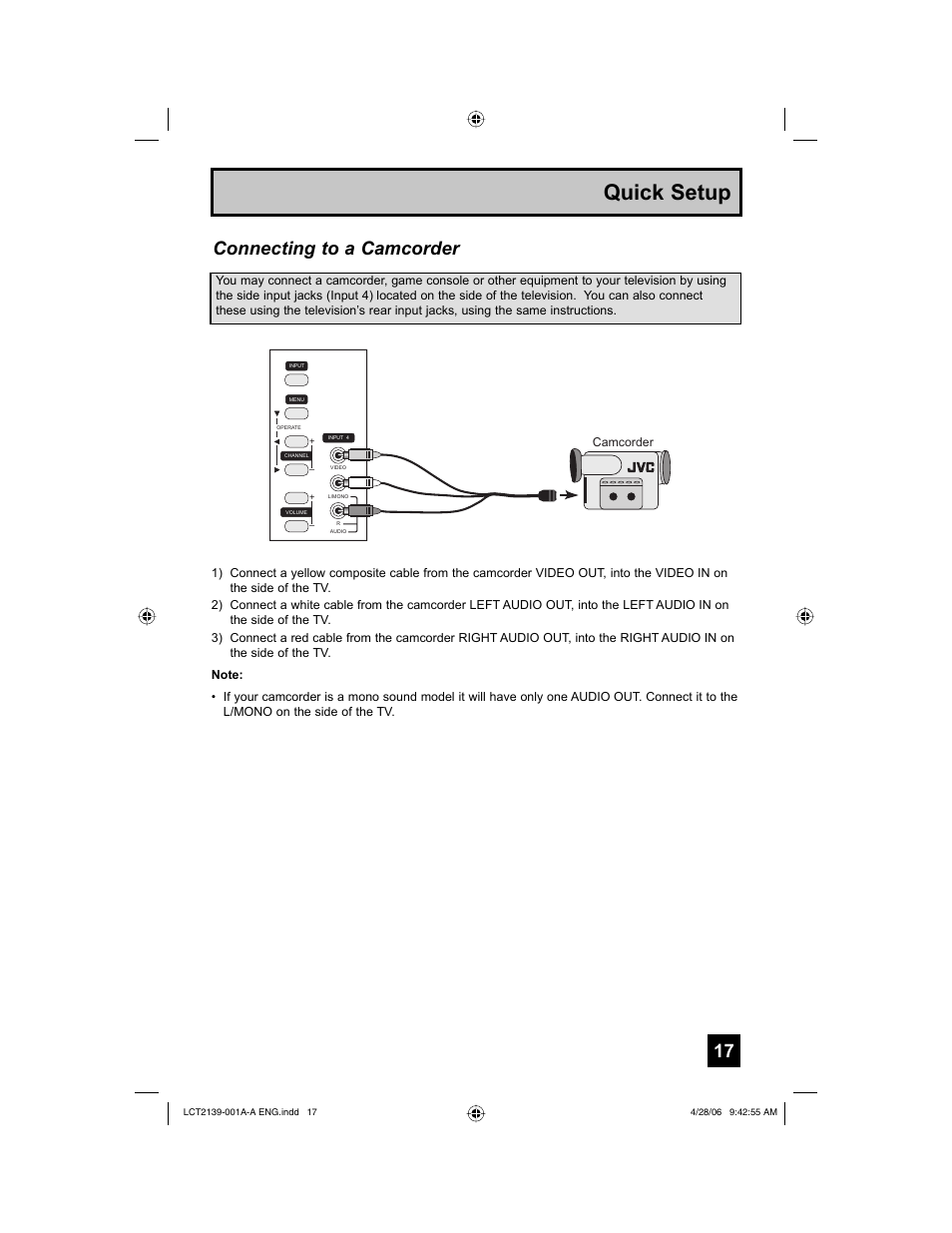 Quick setup, Connecting to a camcorder | JVC HD-56GC87 User Manual | Page 17 / 80