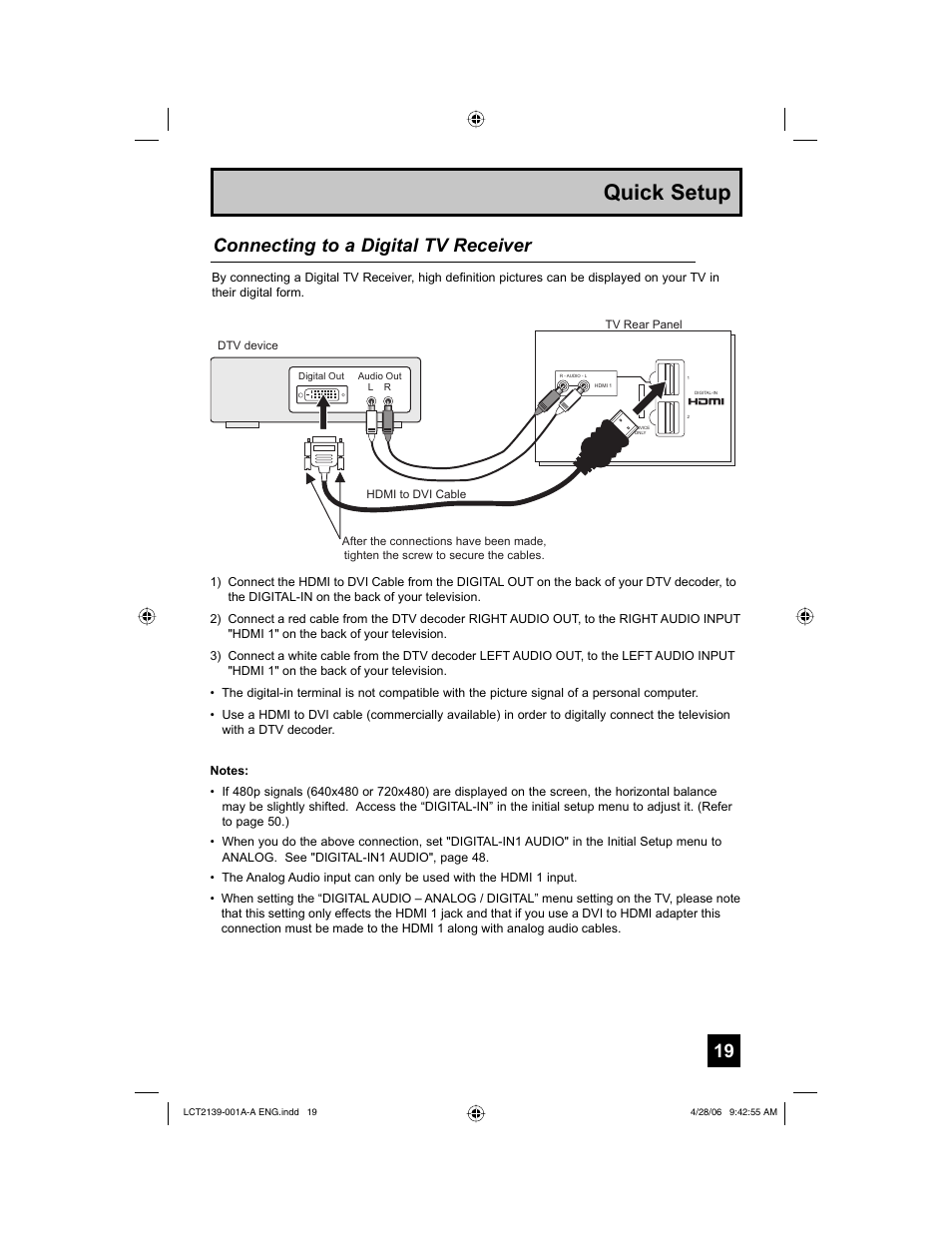 Quick setup, Connecting to a digital tv receiver | JVC HD-56GC87 User Manual | Page 19 / 80