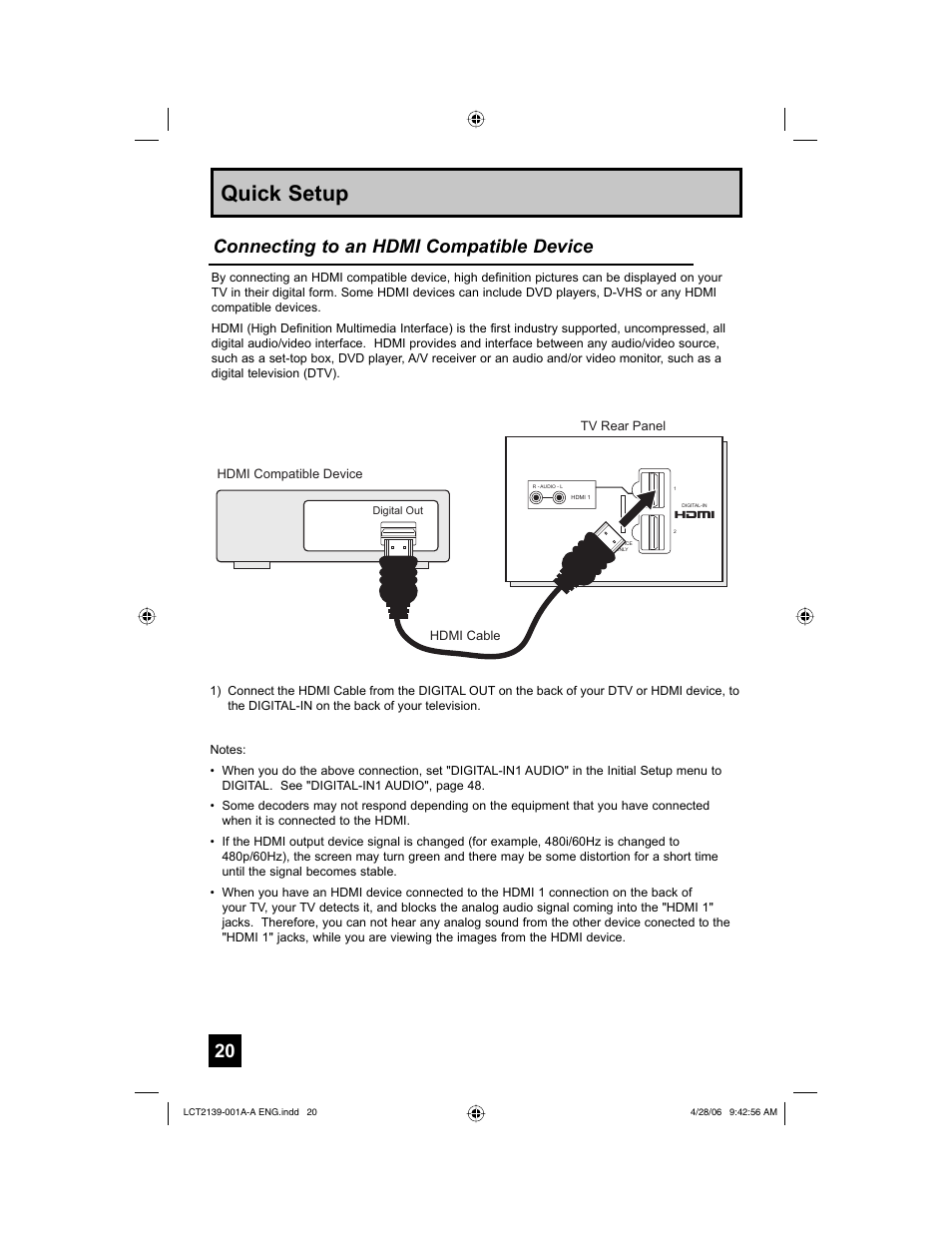 Quick setup, Connecting to an hdmi compatible device | JVC HD-56GC87 User Manual | Page 20 / 80
